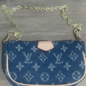 Blue Denim Mini Bag with Gold Tone Chain